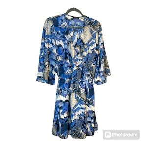 DEX Faux Wrap Lighweight Bell Sleeve Short Blue and White Dress Women Size M